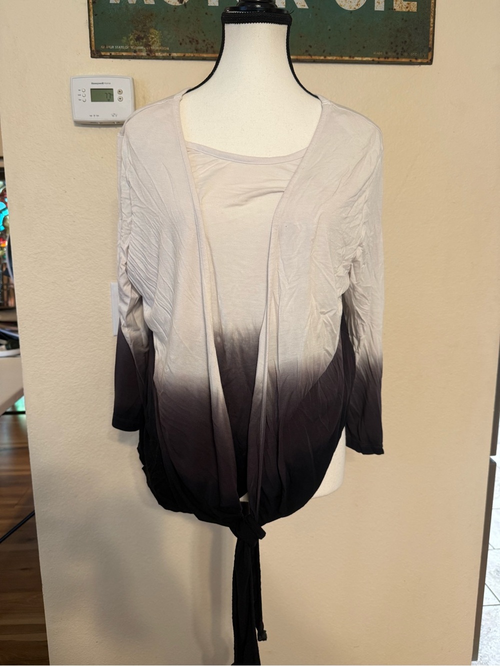 Soft Surroundings Ombré Tie Front Cardigan Black Grey 3/4 Sleeve Plus Size 1x